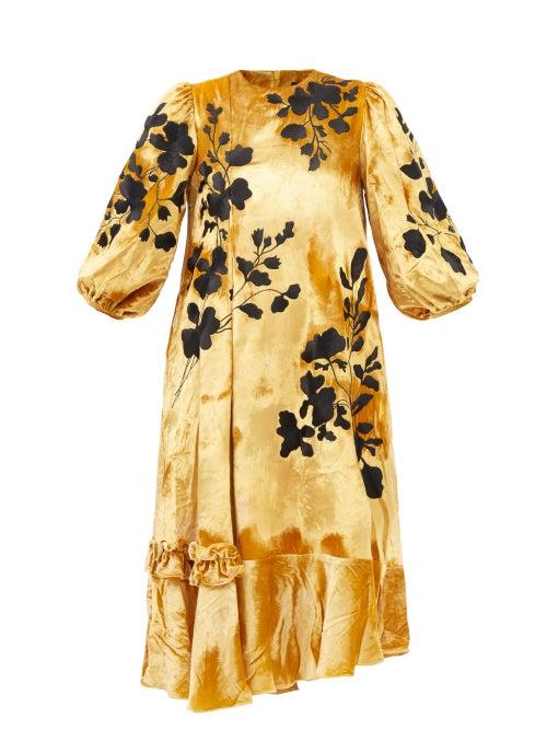 Biyan - Liyah Floral-embroidered Velvet Midi Dress - Womens - Yellow Multi