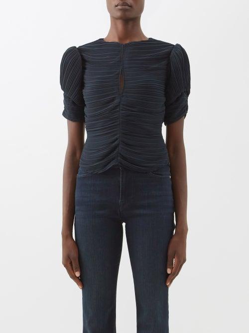 Frame - Puff-sleeve Pleated Crepe Top - Womens - Navy