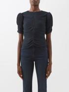 Frame - Puff-sleeve Pleated Crepe Top - Womens - Navy
