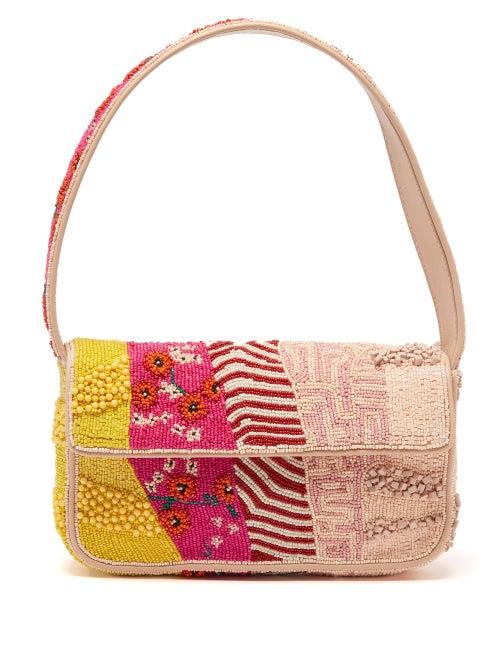 Staud - Tommy Beaded Leather Shoulder Bag - Womens - Pink Multi