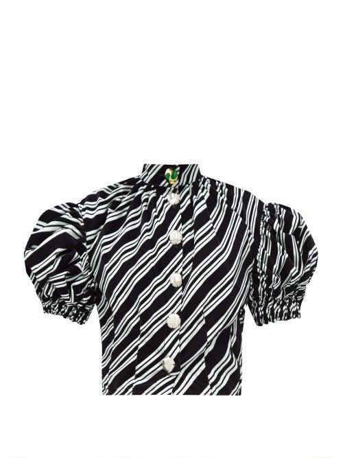 Matchesfashion.com Chopova Lowena - Bula Puff-sleeve Panelled Cropped Top - Womens - Blue Multi
