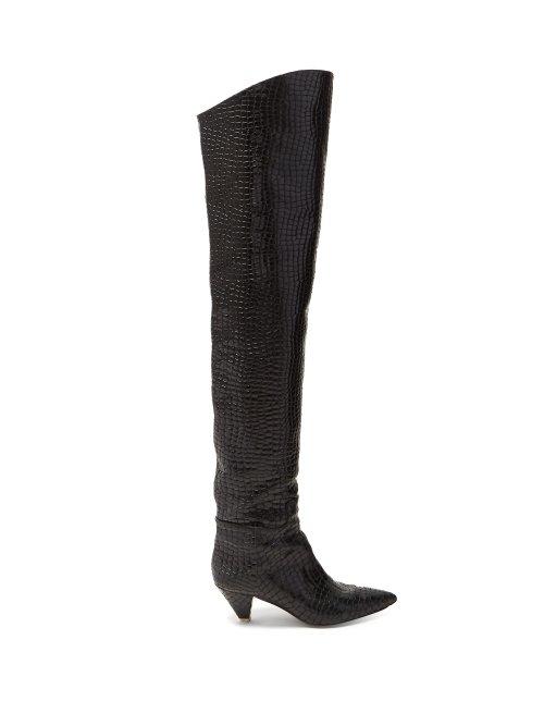 Matchesfashion.com Attico - Crocodile Effect Leather Over The Knee Boots - Womens - Black