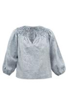Matchesfashion.com Innika Choo - Smocked-yoke Linen-chambray Blouse - Womens - Grey