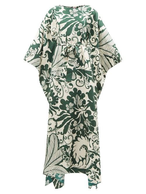 La Doublej - Floral-print Belted Silk Kaftan Dress - Womens - Green Print