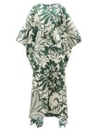 La Doublej - Floral-print Belted Silk Kaftan Dress - Womens - Green Print