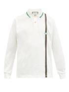 Matchesfashion.com Gucci - Web-striped Long-sleeved Cotton-piqu Polo Shirt - Mens - White