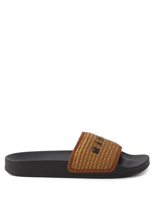 Marni - Logo-strap Raffia And Rubber Slides - Womens - Dark Beige