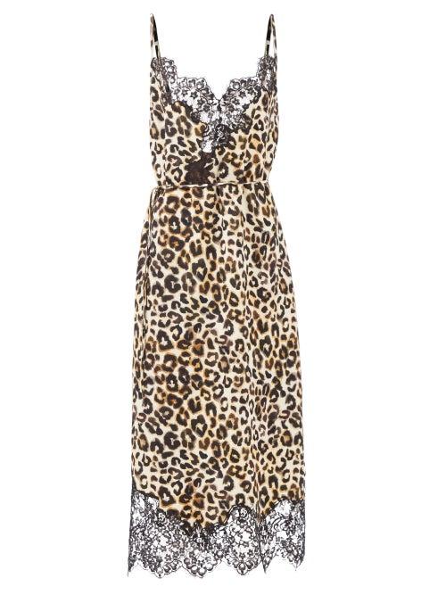 Raey - Watercolour Leopard Lace-trimmed Silk Slip Dress - Womens - Ivory Multi