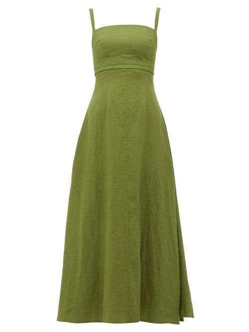 Matchesfashion.com Emilia Wickstead - Freya Square-neck Linen Midi Dress - Womens - Khaki