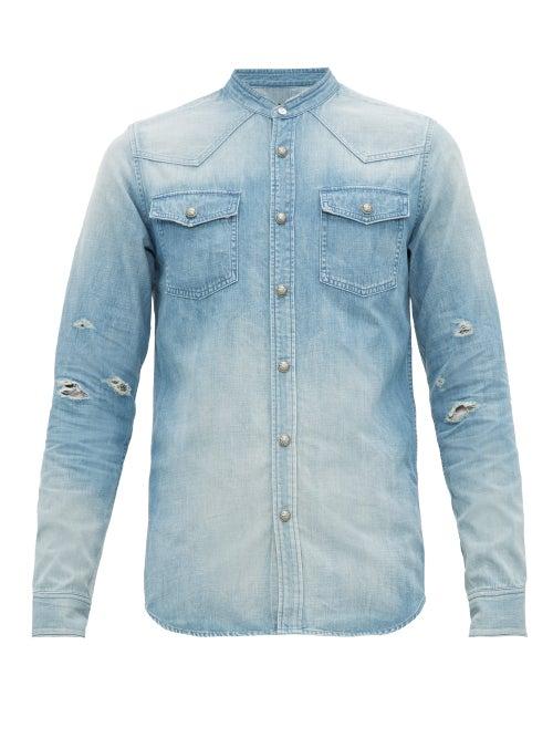 Matchesfashion.com Balmain - Logo Print Distressed Cotton Chambray Shirt - Mens - Blue