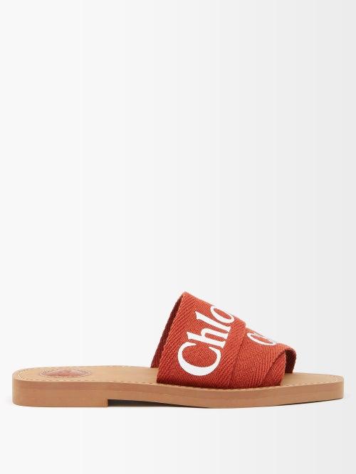 Chlo - Woody Logo-print Canvas Slides - Womens - Red Multi