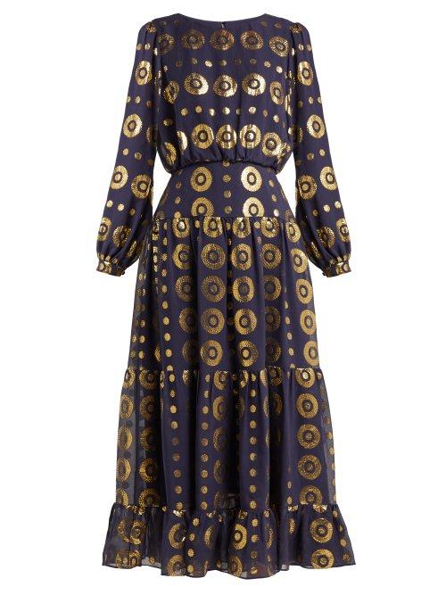Matchesfashion.com Saloni - Isabel Tiered Fil Coup Silk Blend Dress - Womens - Navy Gold