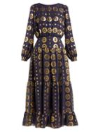 Matchesfashion.com Saloni - Isabel Tiered Fil Coup Silk Blend Dress - Womens - Navy Gold