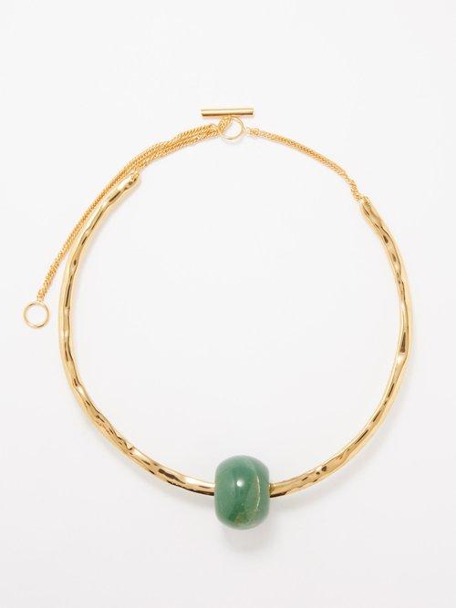 Jil Sander - Stone-embellished Textured Necklace - Womens - Green Gold