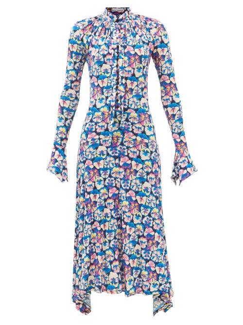 Paco Rabanne - Sash-tie Floral-print Jersey Midi Dress - Womens - Blue
