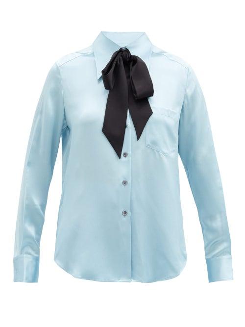 Matchesfashion.com Bella Freud - Minelli Pussy-bow Silk-satin Shirt - Womens - Light Blue