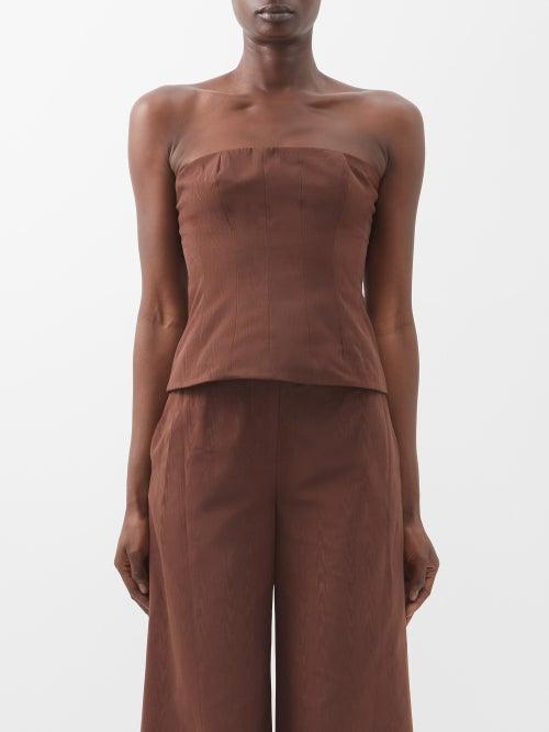 Staud - Woodgrain Strapless Moir Corset Top - Womens - Brown