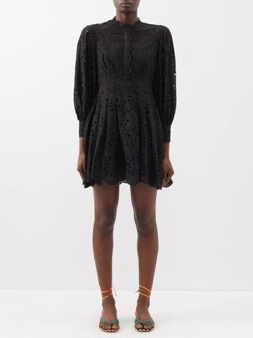 Charo Ruiz - Franca Floral Broderie-anglaise Cotton-blend Dress - Womens - Black