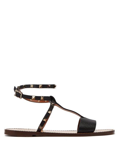 Matchesfashion.com Valentino - Rockstud Ankle Strap Grained Leather Sandals - Womens - Black