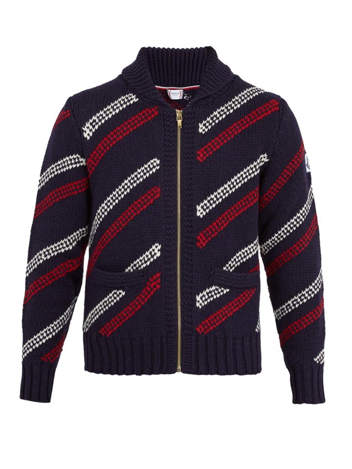 Moncler Gamme Bleu Shawl-collar Striped-intarsia Wool Cardigan