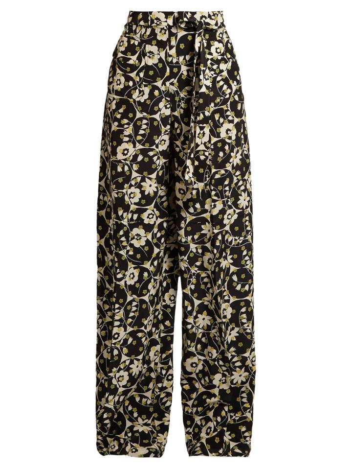 Valentino Circle Flower-print Crepe De Chine Trousers