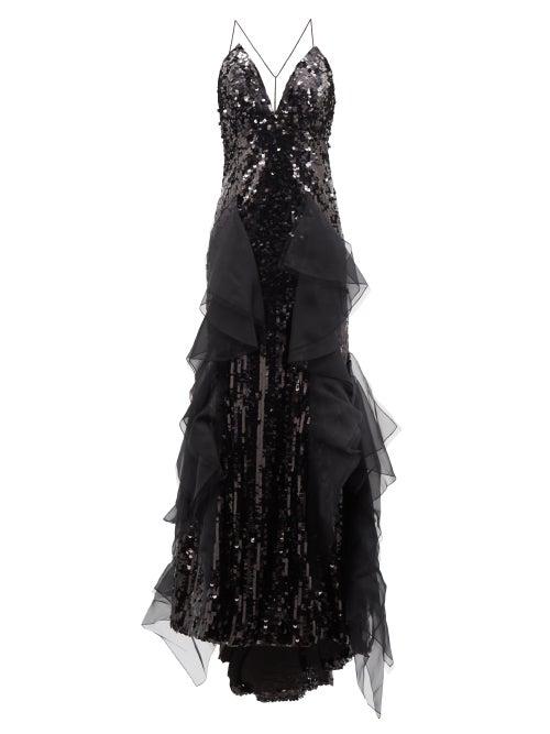 Carolina Herrera - Ruffled V-neck Sequinned Gown - Womens - Black