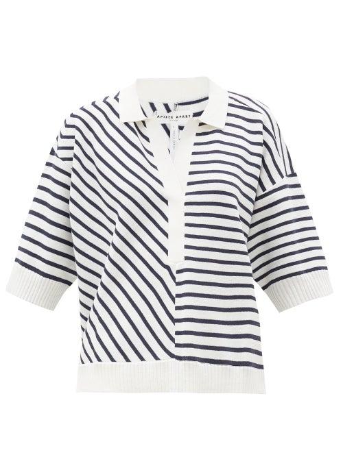 Matchesfashion.com Apiece Apart - Clara Striped Short-sleeved Cotton-blend Sweater - Womens - Navy White