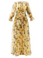 Matchesfashion.com Dolce & Gabbana - Camellia-print Gathered Silk-organza Gown - Womens - Yellow Multi