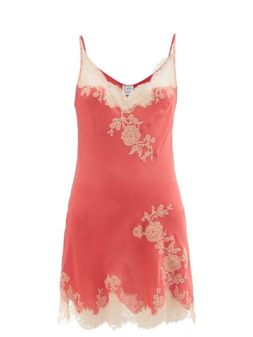 Carine Gilson - Lace-trimmed Silk-satin Slip Dress - Womens - Red