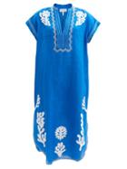 Saloni - Aree Leaf-appliqu Linen Tunic Dress - Womens - Blue