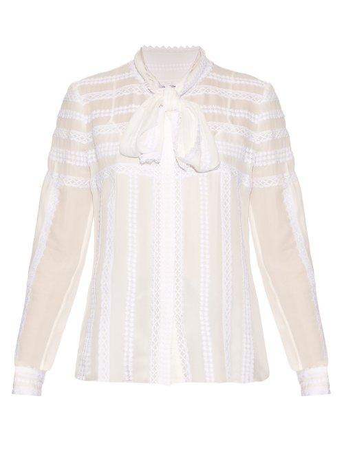 Matchesfashion.com Oscar De La Renta - Long Sleeved Lace Trimmed Silk Blouse - Womens - White
