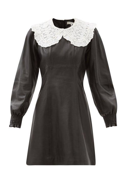 Matchesfashion.com Sea - Loretta Broderie-anglaise Collar Leather Dress - Womens - Black