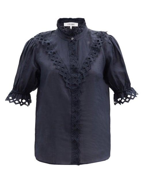 Matchesfashion.com Frame - Broderie-anglaise Ramie Blouse - Womens - Navy