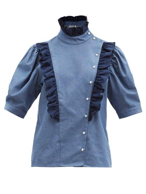 Matchesfashion.com Batsheva - Sophie Double-breasted Denim Blouse - Womens - Mid Denim
