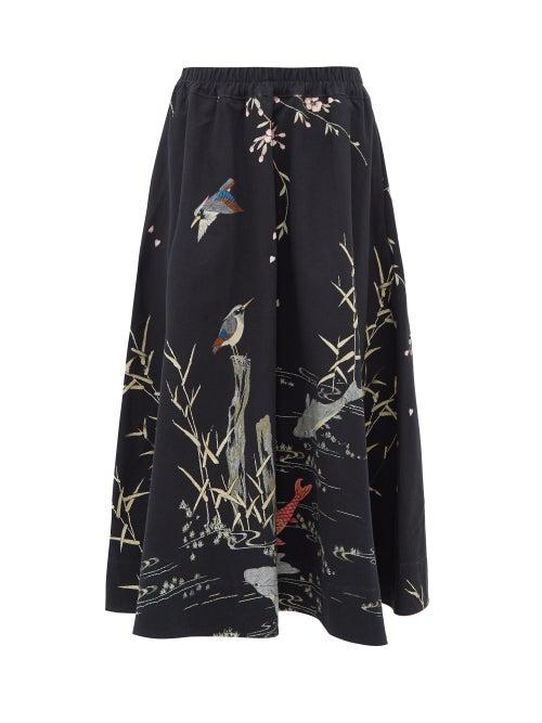 Matchesfashion.com By Walid - Daisy Koi Print Cotton Canvas Midi Skirt - Womens - Black Multi