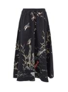 Matchesfashion.com By Walid - Daisy Koi Print Cotton Canvas Midi Skirt - Womens - Black Multi