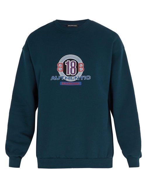 Matchesfashion.com Balenciaga - Bb18 Print Cotton Blend Sweatshirt - Mens - Blue