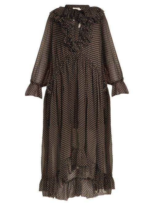 Matchesfashion.com Zimmermann - Painted Heart Ruffle Polka Dot Print Silk Dress - Womens - Charcoal Print