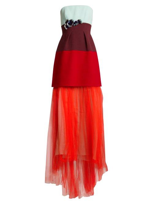 Matchesfashion.com Delpozo - Floral Appliqu Wool Crepe Strapless Dress - Womens - Red Multi
