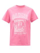 Ganni - Have A Nice Day Smiling Face-print T-shirt - Womens - Pink