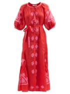Vita Kin - Shalimar Floral-appliqu Linen-voile Midi Dress - Womens - Red Multi