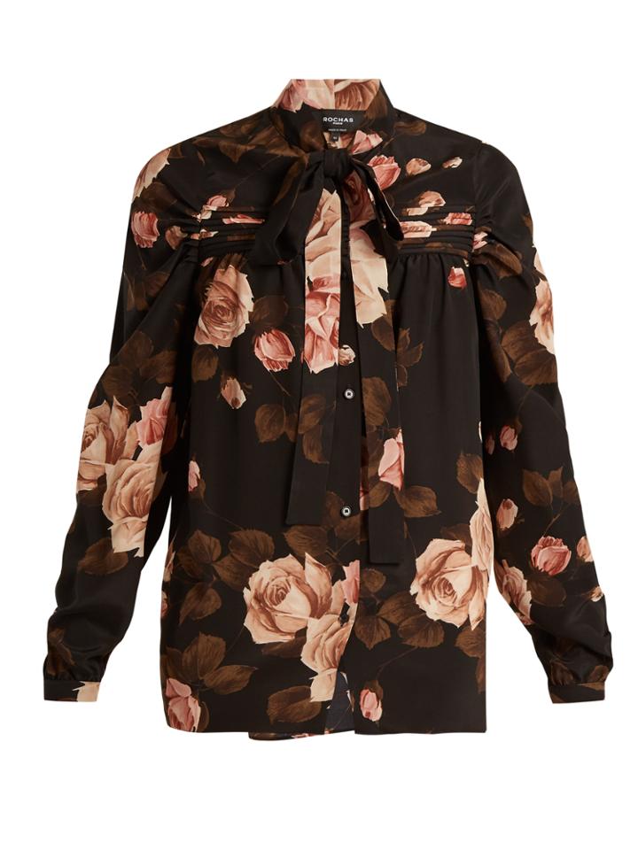 Rochas Rose-print Tie-neck Silk-charmeuse Top