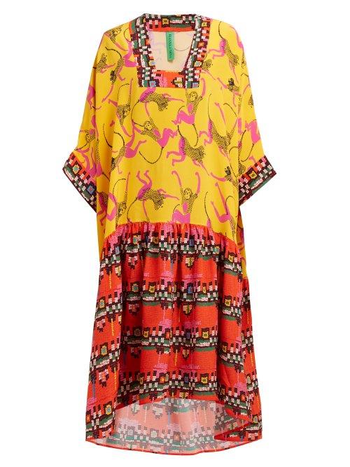 Matchesfashion.com Rianna + Nina - Maura Monkey Print Silk Midi Dress - Womens - Yellow Multi