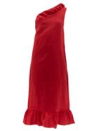 Matchesfashion.com Adriana Degreas - Bacio One Shoulder Linen Blend Midi Dress - Womens - Red