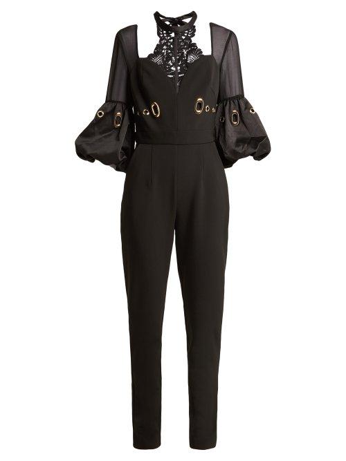 Matchesfashion.com Self-portrait - Balloon Sleeve Lace And Crepe Jumpsuit - Womens - Black