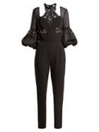 Matchesfashion.com Self-portrait - Balloon Sleeve Lace And Crepe Jumpsuit - Womens - Black