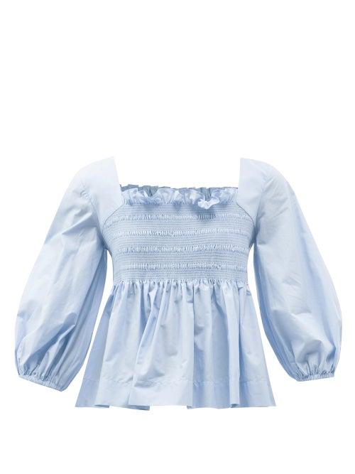 Molly Goddard - Tre Smocked Cotton-poplin Blouse - Womens - Light Blue