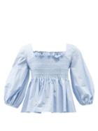 Molly Goddard - Tre Smocked Cotton-poplin Blouse - Womens - Light Blue