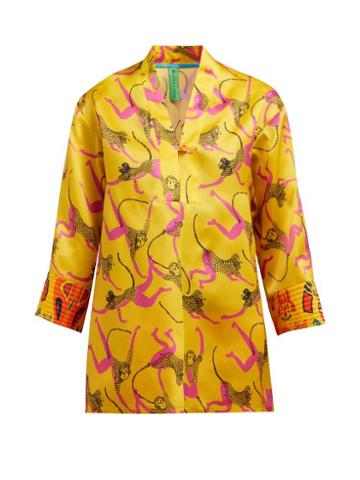 Matchesfashion.com Rianna + Nina - Marta Monkey Print Silk Organza Blouse - Womens - Yellow Multi