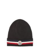 Moncler - Logo-patch Tricolour-stripe Wool Beanie Hat - Mens - Black